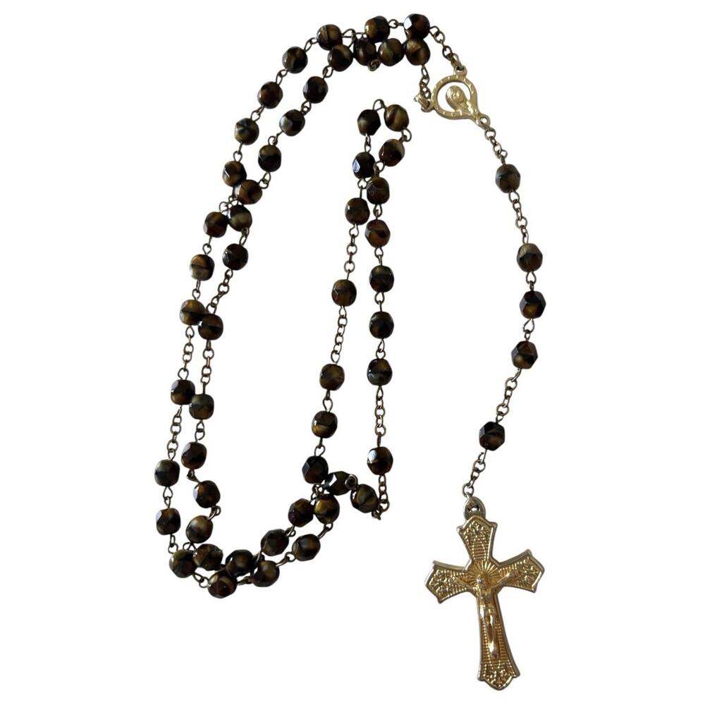 Antique Art Deco Rosary Agate Glass Beads Italy Gold Over Silver 18”